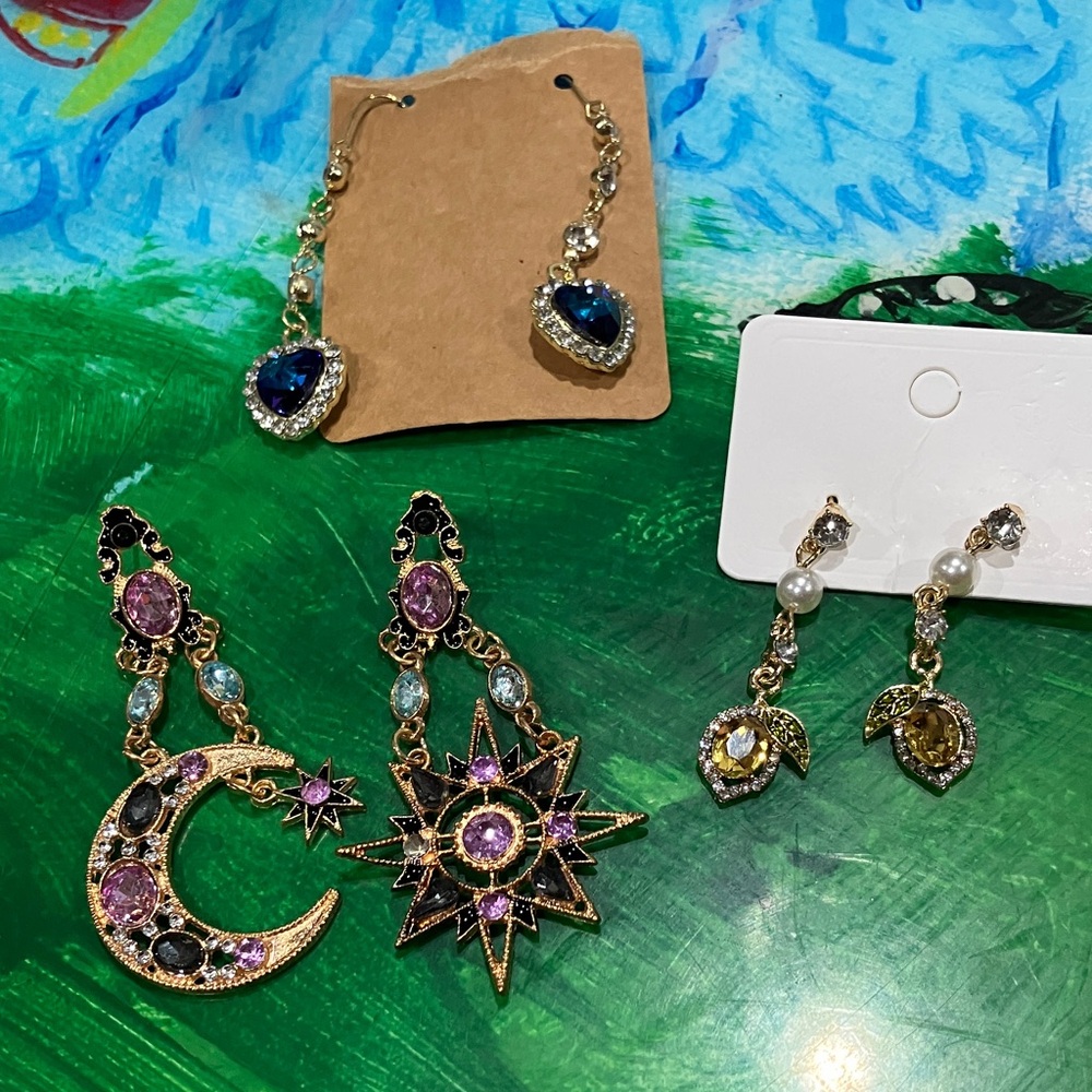 Gold and Purple Star and Moon Earrings